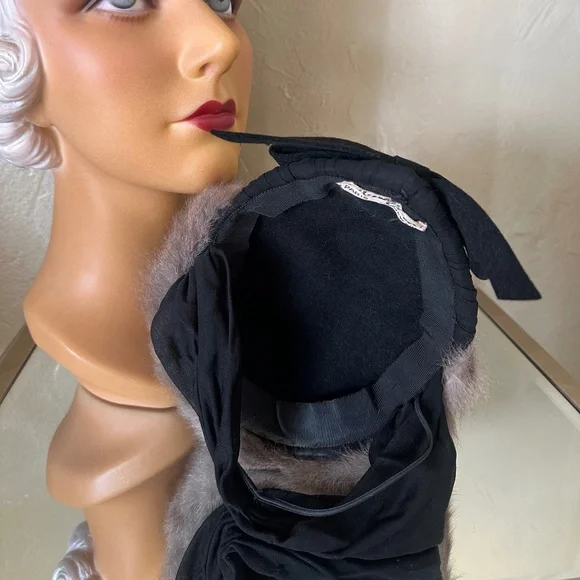 SENSATIONAL 1930's GRAY MINK + BLACK FABRIC HAT WITH BACK STRAP